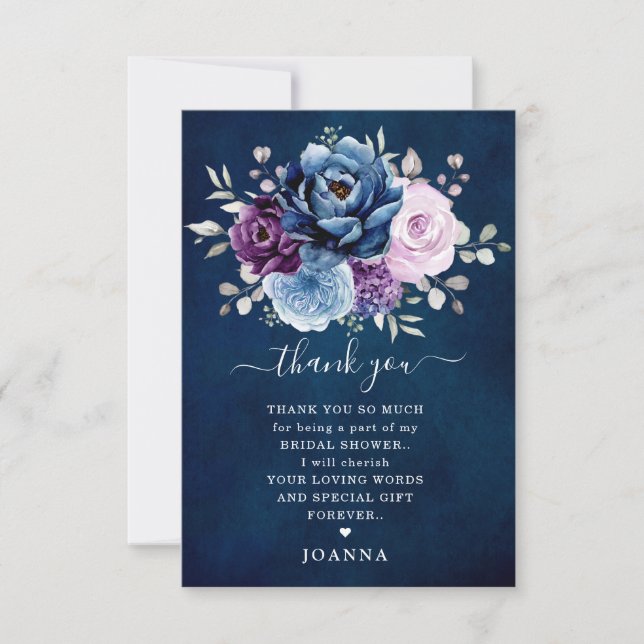 Dusty Blue Purple Lilac Blooms Bridal Shower Thank You Card (Front)