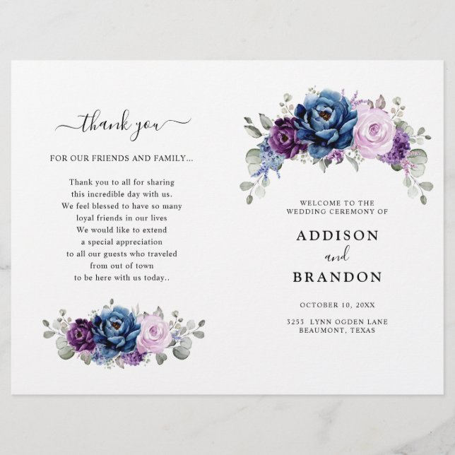 Dusty Blue Purple Lilac Blooms Wedding Program (Front)