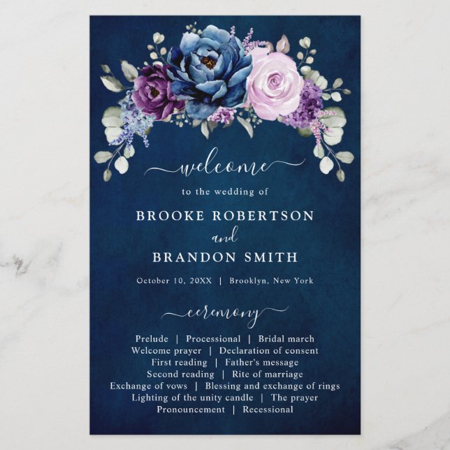 Dusty Blue Purple Lilac Blooms Wedding Program (Front)