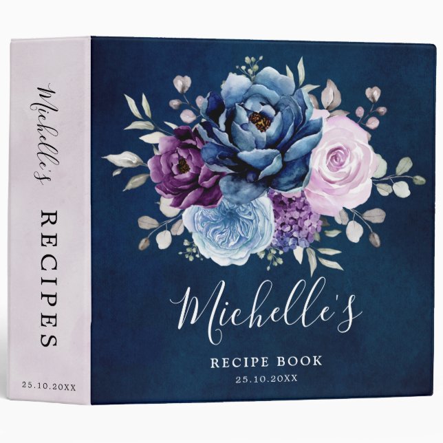 Dusty Blue Purple Navy Bridal Shower Recipe Book 3 3 Ring Binder (Front/Spine)
