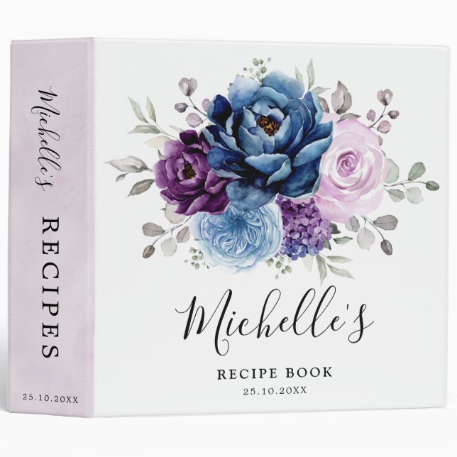 Dusty Blue Purple Navy Bridal Shower Recipe Book 3 Ring Binder (Front/Spine)