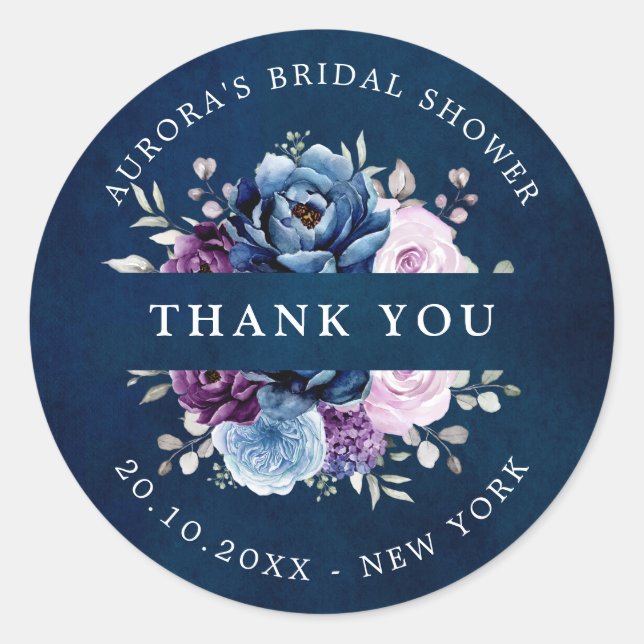 Dusty Blue Purple Navy  Bridal shower thank you Cl Classic Round Sticker (Front)