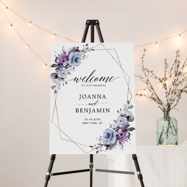 Dusty Blue Purple Navy Geometric wedding Welcome Foam Board (In Situ (Stand))