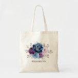 Dusty Blue Purple Navy Lilac Bloom Bridesmaid gift Tote Bag<br><div class="desc">Elegant dusty blue Purple lilac lavender floral theme bridesmaid gift tote bag featuring elegant bouquet of dusty blue,  Navy,  purple,  lilac color rose flowers buds and sage green eucalyptus leaves. Please contact me for any help in customization or if you need any other product with this design.</div>