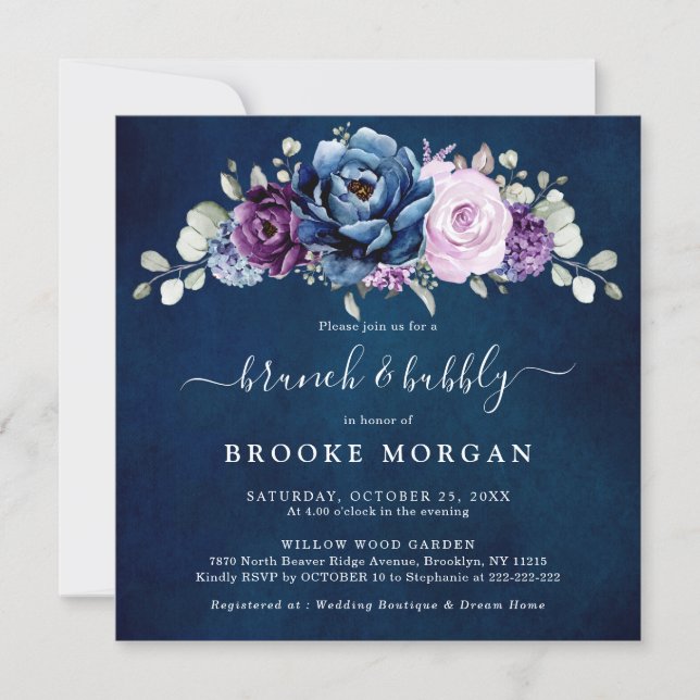 Dusty Blue Purple Navy Lilac Bloom Brunch & Bubbly Invitation (Front)