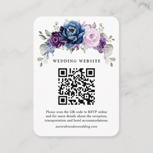 Dusty Blue Purple Navy Lilac Bloom Wedding QR Code Enclosure Card