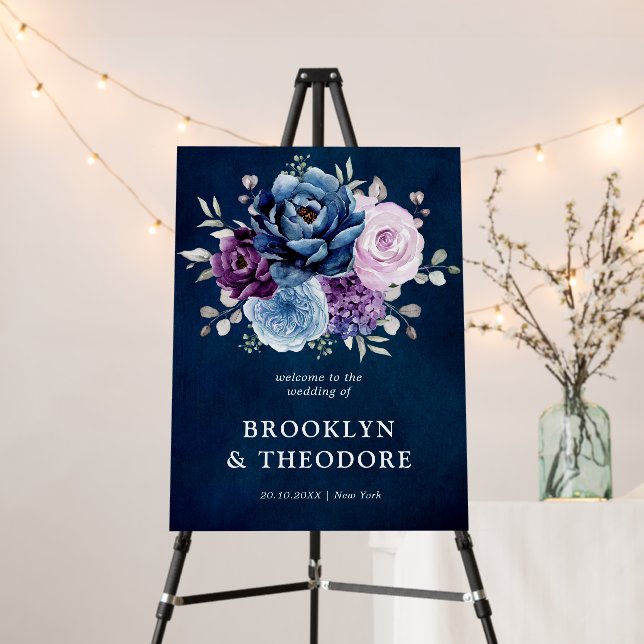 Dusty Blue Purple Navy Lilac Bloom Wedding Welcome Foam Board (In Situ (Stand))