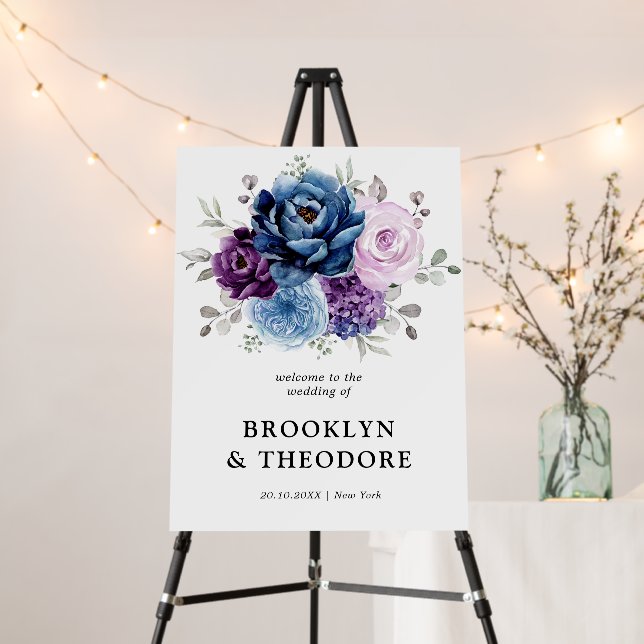 Dusty Blue Purple Navy Lilac Bloom Wedding Welcome Foam Board (In Situ (Stand))