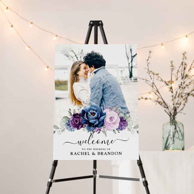 Dusty Blue Purple Navy Lilac Bloom Wedding Welcome Foam Board (In Situ (Stand))