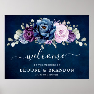Dusty Blue Purple Navy Lilac Bloom Wedding Welcome Poster