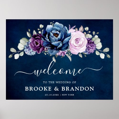 Dusty Blue Purple Navy Lilac Bloom Wedding Welcome Poster