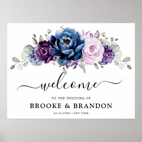 Dusty Blue Purple Navy Lilac Bloom Wedding Welcome Poster