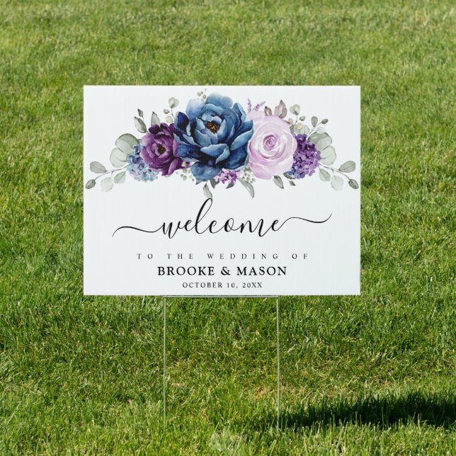 Dusty Blue Purple Navy Lilac Bloom Wedding Welcome Sign (Insitu)