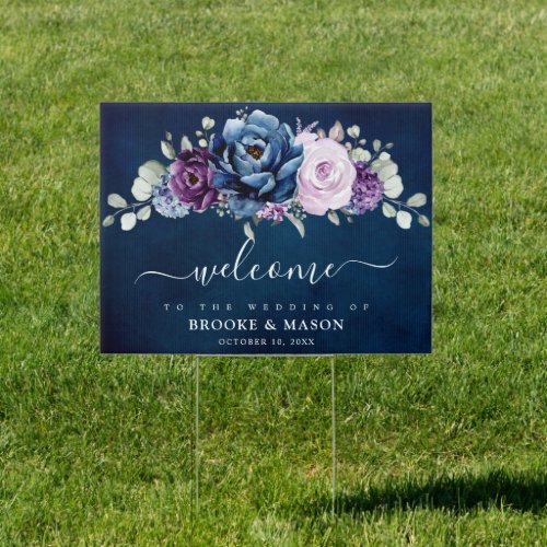 Dusty Blue Purple Navy Lilac Bloom Wedding Welcome Sign