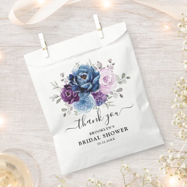 Dusty Blue Purple Navy Lilac Blooms Bridal Shower Favor Bag (Clipped)