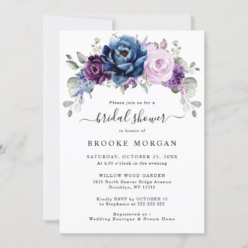 Dusty Blue Purple Navy Lilac Blooms Bridal Shower Invitation