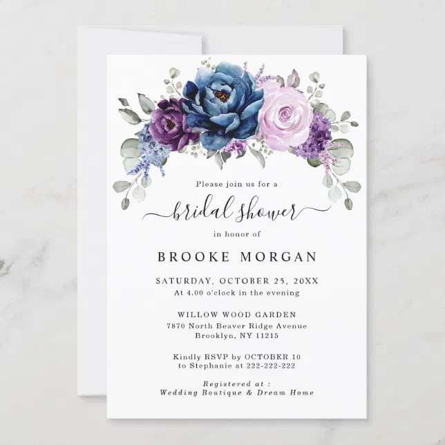 Dusty Blue Purple Navy Lilac Blooms Bridal Shower Invitation | Zazzle