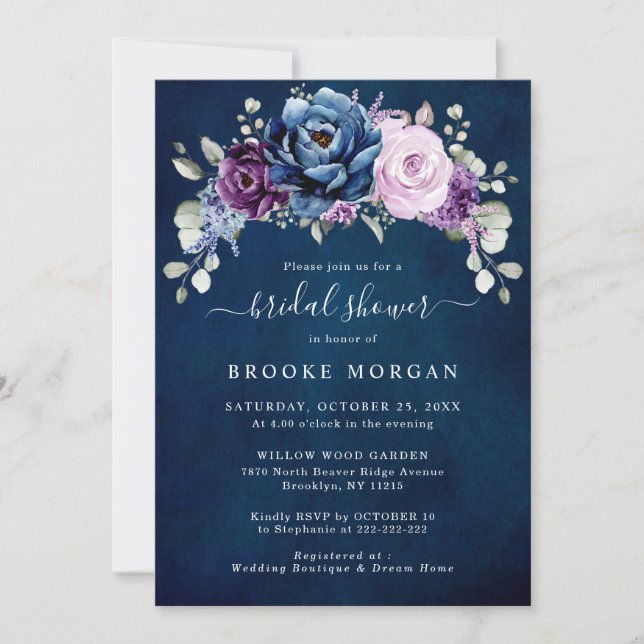 Dusty Blue Purple Navy Lilac Blooms Bridal Shower  Invitation (Front)