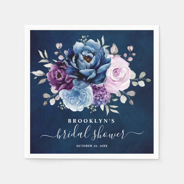 Dusty Blue Purple Navy Lilac Blooms Bridal Shower  Napkins (Front)