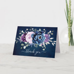 Dusty Blue Purple Navy Lilac Blooms Bridal Shower  Thank You Card