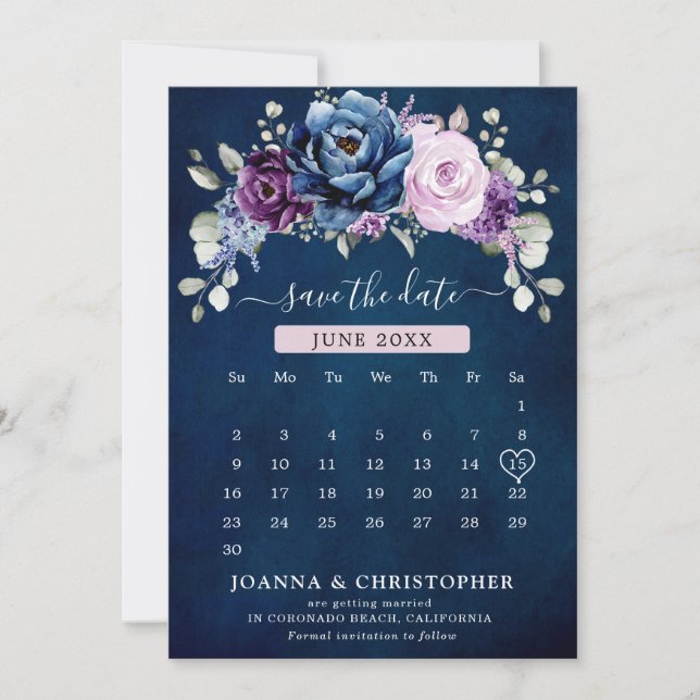 Dusty Blue Purple Navy Lilac Blooms Calendar Save Save The Date (Front)