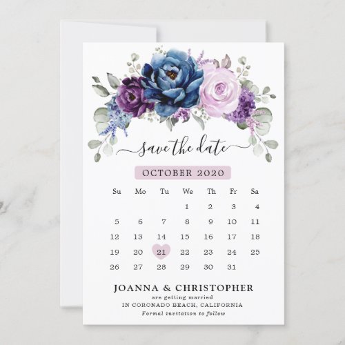 Dusty Blue Purple Navy Lilac Blooms Calendar Save The Date