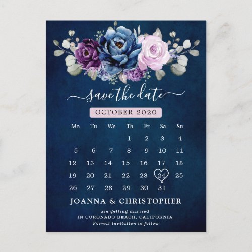 Dusty Blue Purple Navy Lilac Blooms Save the Date  Postcard