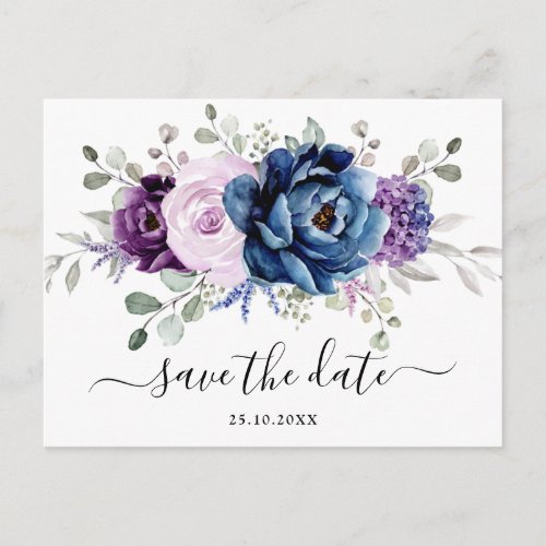 Dusty Blue Purple Navy Lilac Blooms Save the date Postcard