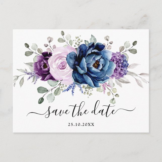 Dusty Blue Purple Navy Lilac Blooms Save the date Postcard (Front)