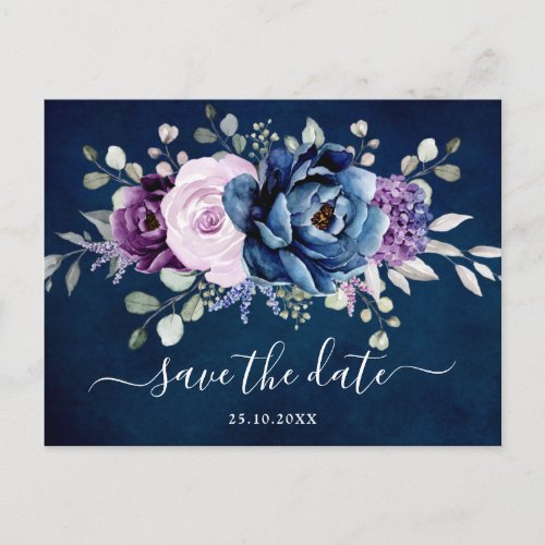 Dusty Blue Purple Navy Lilac Blooms Save the date  Postcard