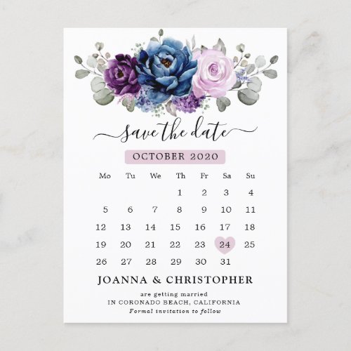 Dusty Blue Purple Navy Lilac Blooms Save the Date Postcard
