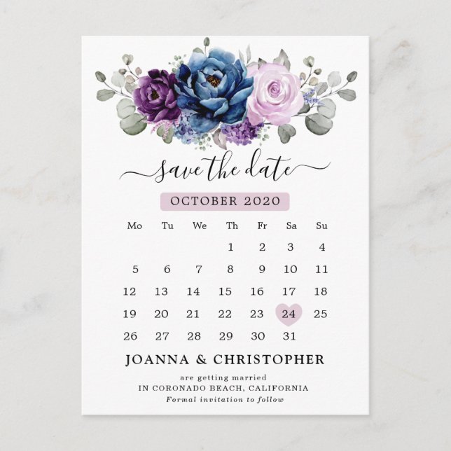 Dusty Blue Purple Navy Lilac Blooms Save the Date Postcard (Front)