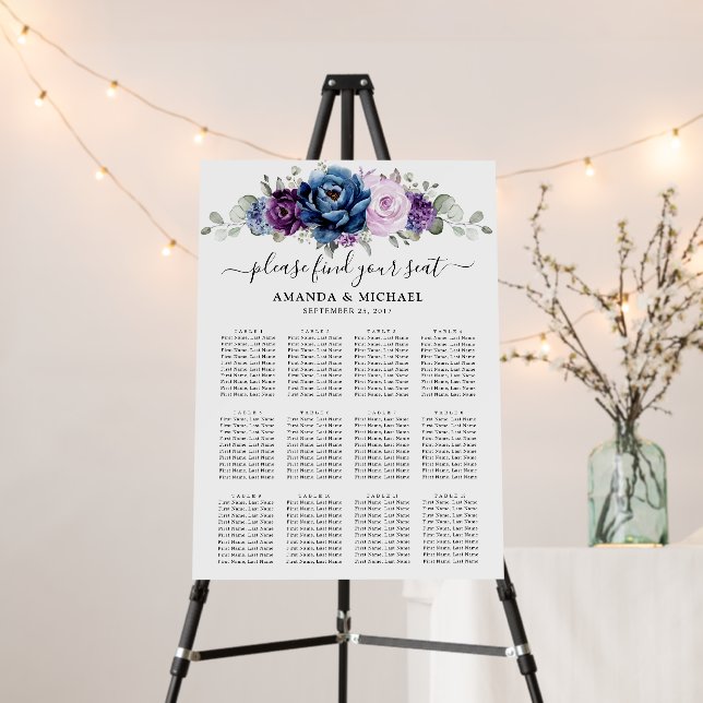 Dusty Blue Purple Navy Lilac Blooms Seating chart Foam Board (In Situ (Stand))