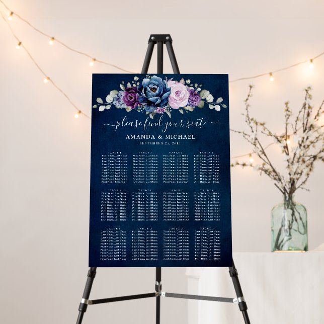 Dusty Blue Purple Navy Lilac Blooms Seating chart  Foam Board (In Situ (Stand))