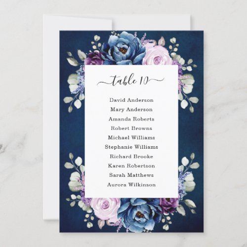 Dusty Blue Purple Navy Lilac Blooms Seating Chart  Invitation