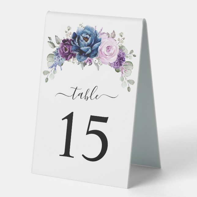 Dusty Blue Purple Navy Lilac Blooms Table Number Table Tent (Front)