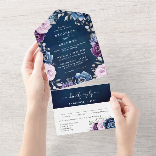 Dusty Blue Purple Navy Lilac Blooms Wedding All In All In One Invitation