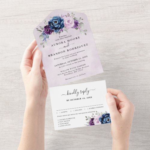 Dusty Blue Purple Navy Lilac Blooms Wedding All In All In One Invitation
