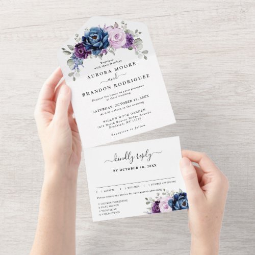 Dusty Blue Purple Navy Lilac Blooms Wedding All In One Invitation