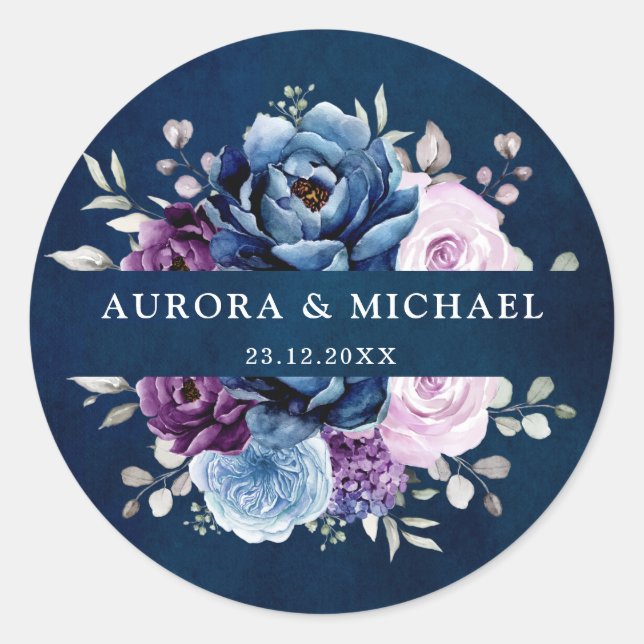 Dusty Blue Purple Navy Lilac Blooms Wedding Classi Classic Round Sticker (Front)