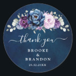 Dusty Blue Purple Navy Lilac Blooms Wedding Classi Classic Round Sticker<br><div class="desc">Elegant dusty blue Purple lilac lavender floral theme wedding thank you sticker featuring elegant bouquet of dusty blue,  Navy,  purple,  lilac color rose flowers buds and sage green eucalyptus leaves. Please contact me for any help in customization or if you need any other product with this design.</div>