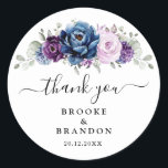Dusty Blue Purple Navy Lilac Blooms Wedding Classic Round Sticker<br><div class="desc">Elegant dusty blue Purple lilac lavender floral theme wedding thank you sticker featuring elegant bouquet of dusty blue,  Navy,  purple,  lilac color rose flowers buds and sage green eucalyptus leaves. Please contact me for any help in customization or if you need any other product with this design.</div>