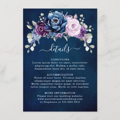Dusty Blue Purple Navy Lilac Blooms Wedding Detail Enclosure Card