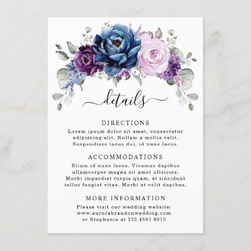 Dusty Blue Purple Navy Lilac Blooms Wedding Detail Enclosure Card