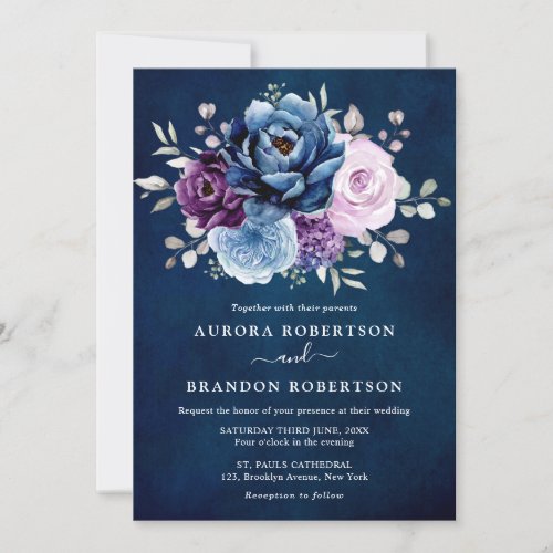 Dusty Blue Purple Navy Lilac Blooms Wedding Elegan Invitation