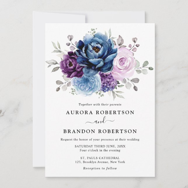 Dusty Blue Purple Navy Lilac Blooms Wedding Elegan Invitation (Front)