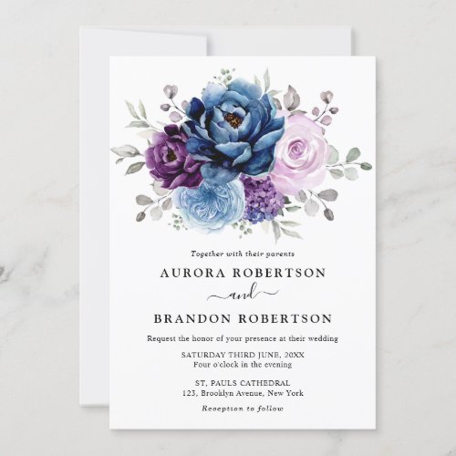 Dusty Blue Purple Navy Lilac Blooms Wedding Elegan Invitation