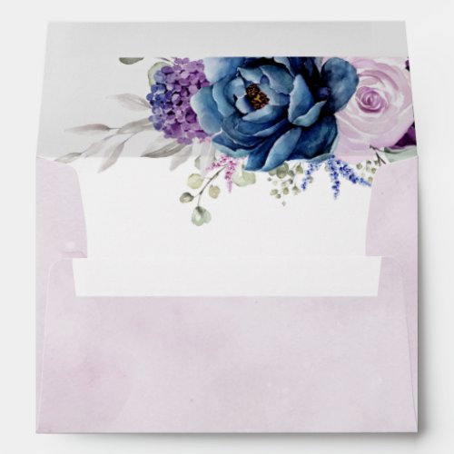 Dusty Blue Purple Navy Lilac Blooms Wedding Envelope