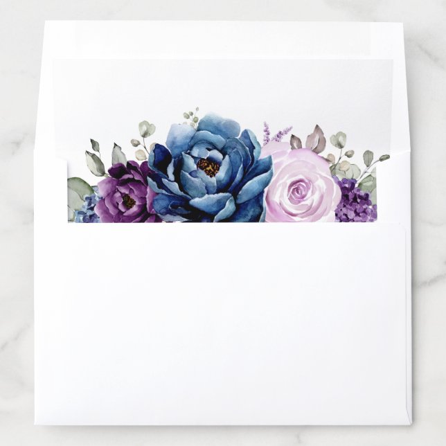Dusty Blue Purple Navy Lilac Blooms Wedding Envelope Liner (In Envelope)