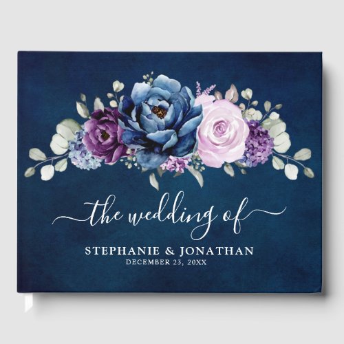 Dusty Blue Purple Navy Lilac Blooms Wedding Guest Book